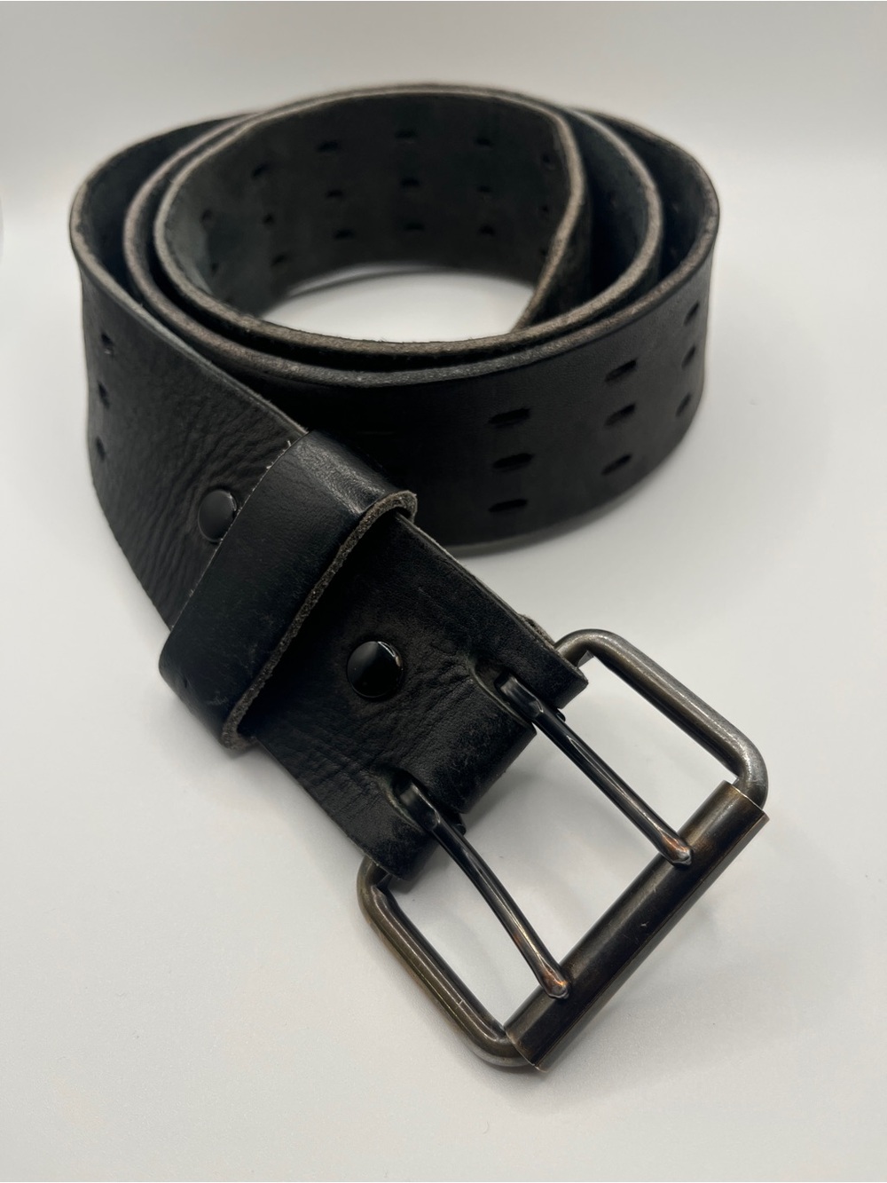 Women's Black Perforated Leather Double-Prong Belt